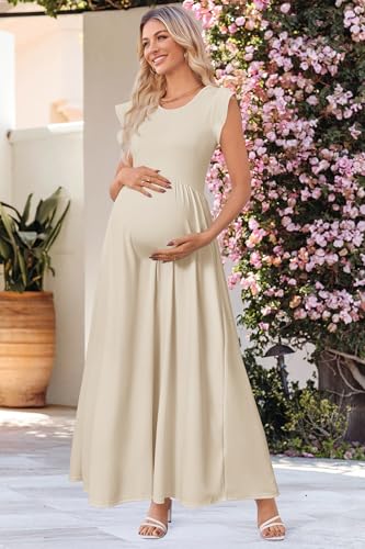 Image of OUGES Women's Maternity Dress Summer Ruffle Sleeve Patchwork Casual Flowy Maxi Dresses with Pockets