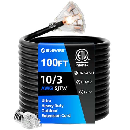 100FT 10 Gauge Outdoor Extension Cord with Multiple Outlets Heavy Duty Waterproof 3 Prong Power Cord with Lighted 3-Outlets 15A 1875W Black Extension Cord for Garage Garden Jobsite ETL Listed