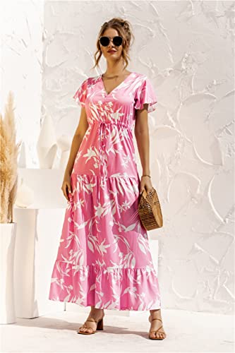 Robe longue bohème fleurie femme manches courtes col V S - 3