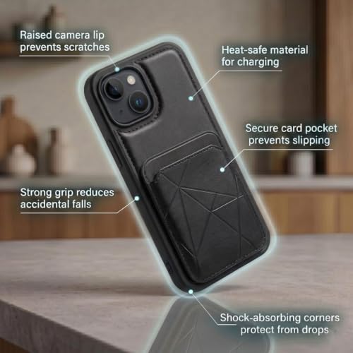 Image of amazon basics Premium Vegan Leather Back Cover with Card Holder and Integrated Mobile Stand for iPhone 13 - Slim Shockproof Wallet Case with Geometric Stitching [Black]