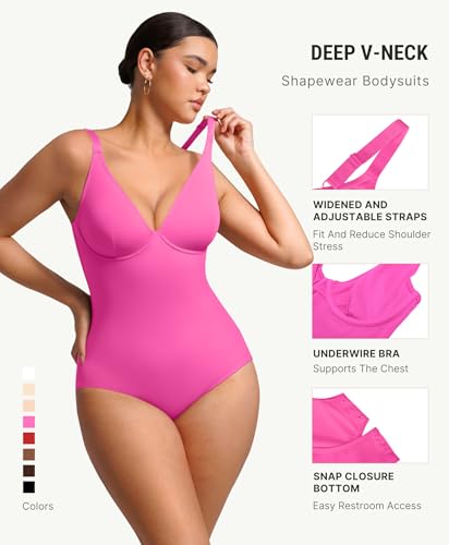Image of FeelinGirl Shapewear Bodysuits for Women Tummy Control Deep V Neck Body Suits with Adjustable Straps Tops