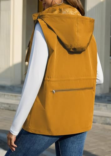 Image of PESION Womens Packable Military Utility Vests Outerwear Waterproof Windbreaker Jacket Cargo Vest with Removable Hood