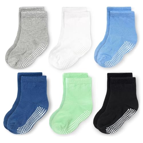 CozyWay Baby & Toddler Socks With Grippers Non Slip Crew Grip Socks for Girls and Boys Soft Comfy Cotton - 6 Pack