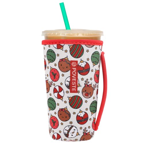 Image of Reusable Neoprene Insulator Sleeve for Iced Coffee & Cold Soda, Coffee Sleeves for Iced & Hot Drinks, Cold Beverage Cooler Compatible with Starbucks, Dunkin (Chrsitmas Party, Large: 32oz)
