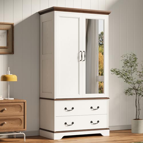 LIKIMIO Armoire Wardrobe Closet with Mirror, 70.1' Wooden Clothing Storage Cabinet with 2 Doors & 2 Drawers, Modern Bedroom Freestanding Wardrobe Combination with Hanging Rod, Cherry with White