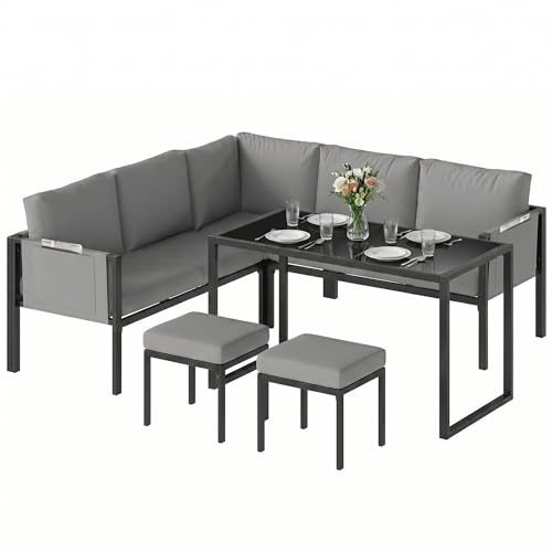 Outsunny Salon de Jardin 6 Pièces Canapé d'angle Extérieur - Ensemble Meuble de Jardin avec Coussins 10cm, Table Haute et 2 Repose-Pieds - Mobilier de...