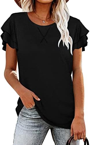 Womens Black T Shirts Loose Fit Ruffled Short Cap Sleeve Tops for Juniors Summer Tunic Tops with Leggings S