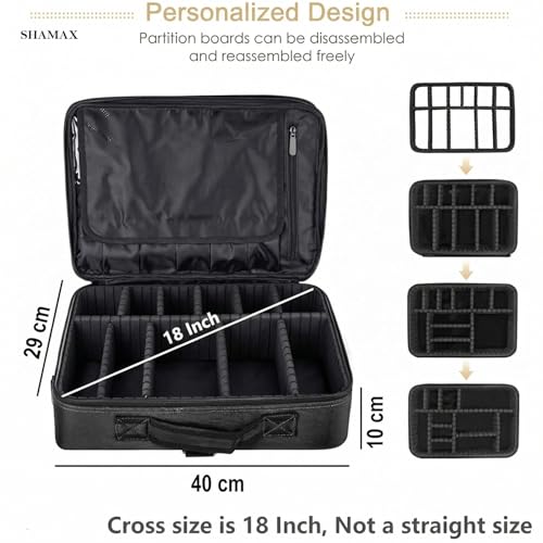 Image of SHAMAX Professional Makeup Bag for Women Travel Cosmetic Kit Storage (2-Layer) Vanity Bag Cosmetics Makeup Brush Bag with Adjustable Dividers Portable Zipper Closure(Black) - Adjustable Strap
