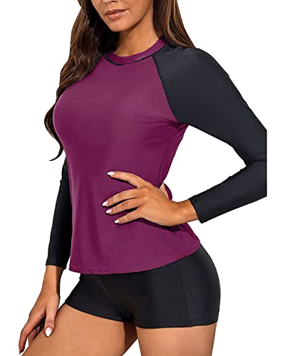 Daci Women Dark Purple Two Piece Rash Guard Long Sleeve Swimsuits Uv Upf 50+ Swim Shirt Bathing Suit With Boyshort Bottom L #TOP3