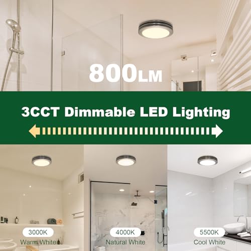 Image of Akicon Bathroom Exhaust Fan with Shower Light, 80 CFM 2.0 Sones Round Bathroom Fan Light Combo, Dimmable 3CCT LED Lights Vent Fans with Acrylic Cover for Shower Room, Home (Brushed Nickel)