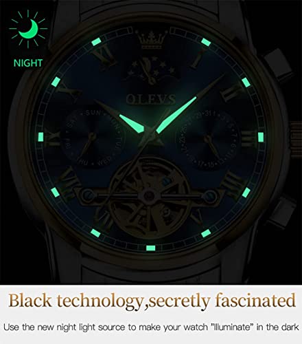 OLEVS Self Winding Watches for Men Automatic Mechanical Skeleton Luxury Dress Waterproof Moon Phase Tourbillon Chronograph Stainless Steel Luminous Wristwatch