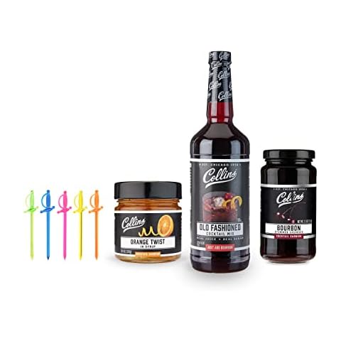 Collins Old Fashioned Kit, Whiskey Cocktail Mix, Orange Garnish, Bourbon Cherries, Drink Picks, Home Bar Accessories, Home Bar Kit, bartender Mixer, Drinking Gifts, Mixology Cocktail kit, Set of 4 Cover