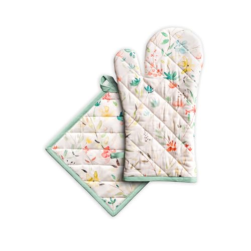 Maison d' Hermine 100% Cotton Oven Mitt & Pot Holder Set (7.5'x13' & 8'x8') Heat Resistant BBQ Cooking Gloves with Loop Baking Grilling Kitchen Gifts for Mothers Day Spring/Summer (Colmar)