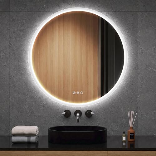 S·BAGNO 24’’ Round Led Bathroom Mirror with Lights, Backlit and Front Lighted, Anti-Fog Wall-Mounted Vanity Mirror 3000K/4000K/6500K, Dimmable In