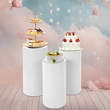 3 Pcs Round Cylinder Pedestal Stands for Party, White Metal Cylinder Pedestal Display Stand, Dessert Table Display Pillars for Wedding, Birthday, Banquet, Anniversary Celebration Decoration