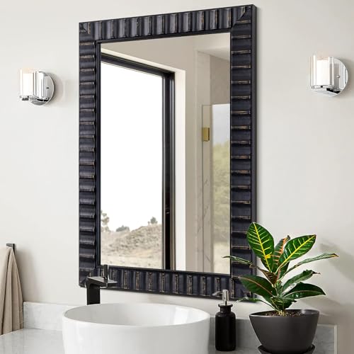 Image of Modern Wooden Black Bathroom Mirror, 37 inchx25 inch Mirror Wall Decor, Rectangular Relief Frame, Tempered Glass, Vintage Farmhouse Style for Living Room /Entryway /Bedroom