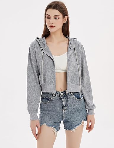 Image of Casual Wear Solid Crop Zipper Jacket Hooded Neck Full Sleeves with Kangaroo Pocket Hoodie for Women
