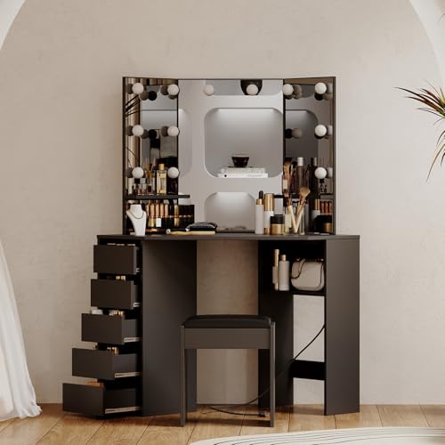 GarveeHome Corner Vanity and Stool, Corner Vanity Desk with Mirror and Lights, Corner Makeup Vanity with Power Outlet, 3 Color & Brightness Adjustable Light, Makeup Vanity for Girls and Women, Black