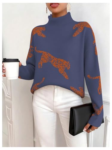 Image of WDIRARA Women's Leopard Tiger Print Sweater High Neck Long Sleeve Fuzzy Knitted Pullover Top
