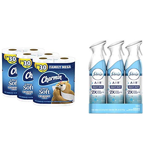 Charmin Ultra Soft Cushiony Touch Toilet Paper, 18 Family Mega Rolls = 90 Regular Rolls (Packaging May Vary) & Febreze AIR Freshener Heavy Duty Crisp Clean, 8.8 Oz, Pack of 3