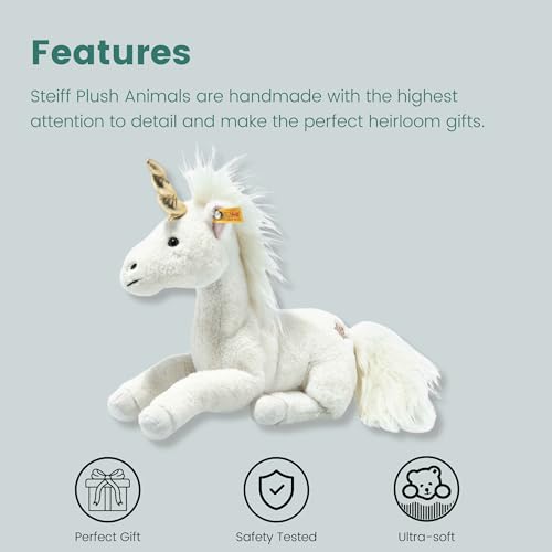 Steiff Unica Schlenker Einhorn weiß liegend 27 cm, Soft Cuddly Friends, Kuscheltier Einhorn, Plüschtier mit Granulatsäckchen in Hufen und Bauch für EIN tolles Fühlerlebnis, Plüsch Stofftier