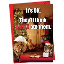 NobleWorks - Humorous Animal Christmas Greeting Card with 5 x 7 Inch Envelope, Xmas Funny Cat and Dog for Men and Women and Their Pets1 Card - Merry Christmas Holiday Think Santa Ate Them 1957