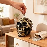 Gothic Skull Piggy Bank for Adults - Gold Skull Heads Money Box with Coin Slot Unique Piggy Bank for Men Cool Decor & Savings Jar Halloween Skull Decor
