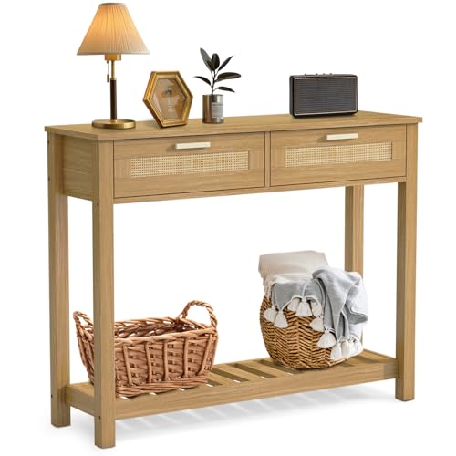 LAZZO Rattan Console Table Modern Entryway Table Narrow Foyer Sofa Tables with 2 Drawers and Bottom Storage Shelf Small Behind Couch Table for Entryway,Hallway and Living Room Natural Wood