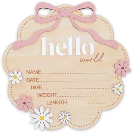TTMerriwood Hello World Wooden Baby Birth Announcement Sign with Pink Bow, Cloud Shape Floral Newborn Name Date Time Weight Length Board, Baby Girl Nursery Photo Prop (Light Pink)