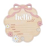 TTMerriwood Hello World Wooden Baby Birth Announcement Sign with Pink Bow, Cloud Shape Floral Newborn Name Date Time Weight Length Board, Baby Girl Nursery Photo Prop (Light Pink)