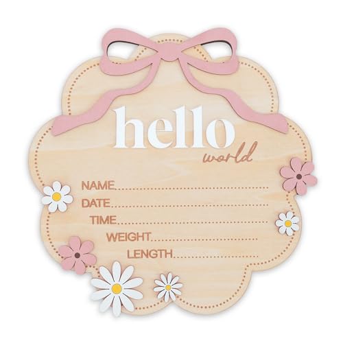 Image of TTMerriwood Hello World Wooden Baby Birth Announcement Sign with Pink Bow, Cloud Shape Floral Newborn Name Date Time Weight Length Board, Baby Girl Nursery Photo Prop (Light Pink)