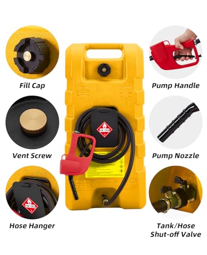 15 Gallon Portable Diesel Gas Fuel Tank Container Caddy, Fuel Tank Container with Le Fluid Transfer Siphon Pump, Fuel Transfer Tanks with 10ft., Delivery Hose Diesel Fuel Can for Cars, Lawn Mowers, Boats, Yellow