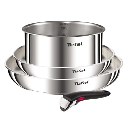 Tefal Ingenio Emotion, Batterie de cuisine, 4pièces, Acier inoxydable, Poignée amovible, Design empilable, Induction, L896S453