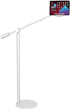 Tablet Floor Stand, Aluminum Alloy Holder for Tablet, Monitor, Phones 4.7"-11", 360  Rotation Vertical Rotation, with Extension Arm, 12 Inch Round Base, for Bed, Office