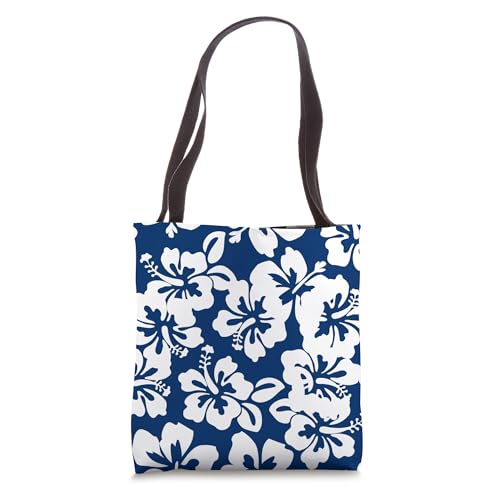Bolso tote con estampado floral hawaiano de hibisco en azul marino y blanco, diseño reversible miniatura 1