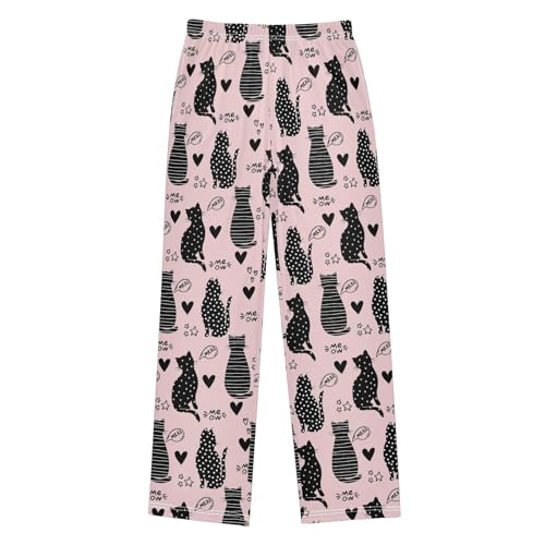 Black Cat Meow Love Boys Long Pants Soft Trousers Elastic Waist Kids Lounge Bottoms with Pockets S-XL
