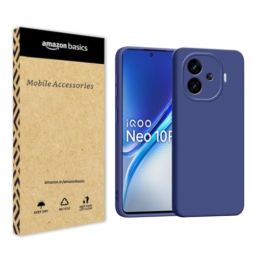 Image of amazon basics Back Cover for iQOO Neo 10R 5G | Ultra Slim Soft Rubberised Case | Matte Silicone Flexible Mobile Case | Camera Protection - Blue