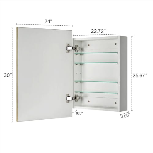 Image of TEHOME 24'' x 30'' Brushed Gold Recessed and Surface Mount Bathroom Medicine Cabinet with Mirror Brushed Gold Square Cornered Metal Framed Rounded Rectangle Medicine Cabinet Mirror