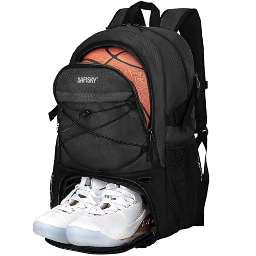 DAFISKY Basketball Backpack with Ball Compartment – Large Basketball Bag with Shoes Compartment Soccer Volleyball Bag Sports Backpack for Football, Black