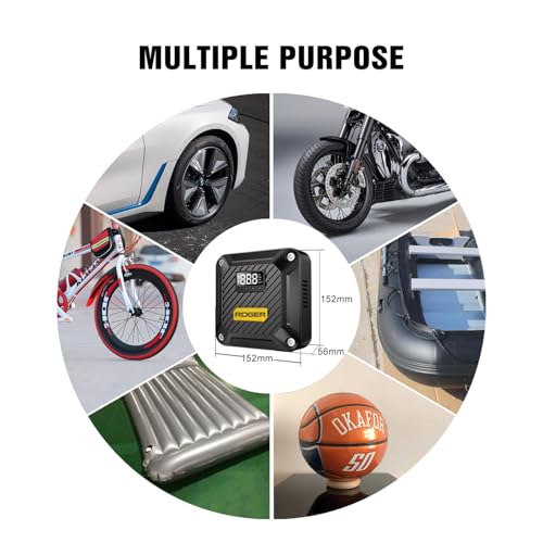 Image of ROGER Portable Air Compressor Pump - Powerful 12V DC Tire Inflator with Digital Gauge, Auto Shut-Off & LED Light - Ideal for Cars, Bicycles, Balloons & More