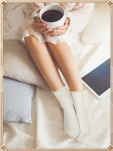 Image of Syhood 6 Pairs Women Ruffle Socks Frilly Lace Trim Cotton Cute Vintage Dress Crew Ankle Boot Socks