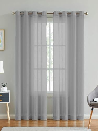 Image of 7 Feet Door Curtains Set of 2 - Semi Transparent Sheer Curtains for Living Room & Bedroom | Polyester Eyelet Curtain Panels | Modern Door & Window Curtain (Grey)