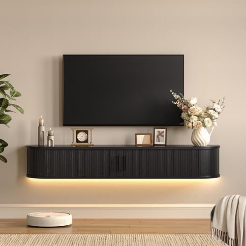 55 Floating TV Stand with Power Outlet for TVs up to 65 Fluted Entertainment Center with Remote Control for LED Lights Mid-Century Modern TV Console w/Sliding Door for Living Room Bedroom Black