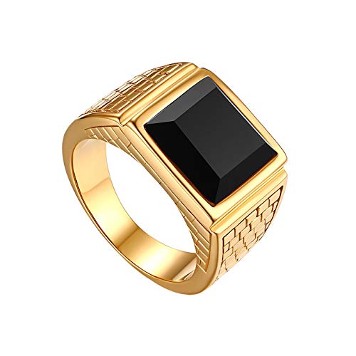 JewelryWe Schmuck Herren-Ring Edelstahl Glas Quadrat Siegelring Bandring Hochzeit Engagement Verlobung Ringe mit Gravur Gold Schwarz, Größe 54