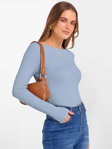 Image of ANRABESS Women's Boat Neck Long Sleeve Shirts Rib Knit Slim Fitting Tops Basic Tees 2026 Casual Comfy Fall Outfits Clothes