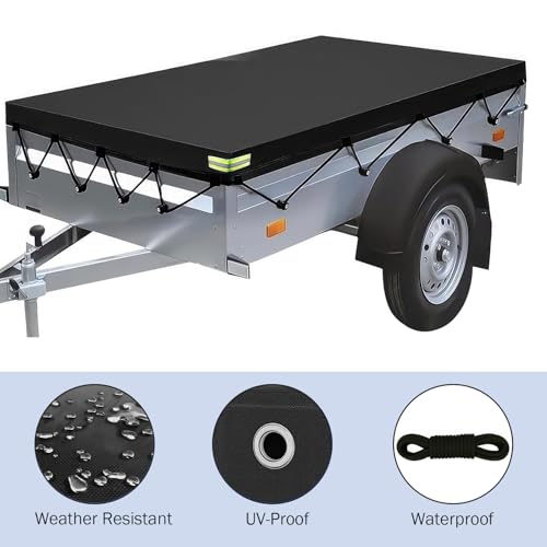 Fuerdich Anhängerplane, Wind- und Regenplane mit 420D-Planenseil, PVC, wasserdicht, für Anhänger mit 750 kg, 207 x 114 x 10 cm, Schwarz