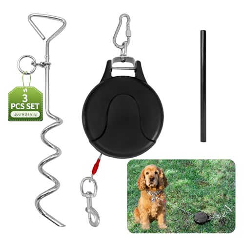 Retractable Dog Tie Out Cable and Stake- 30ft No Leash Retractable for Dogs 10-90lbs - 360° Rotate...