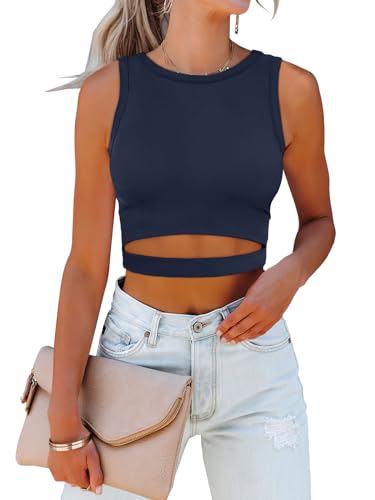 Image of ANRABESS Women Tank Tops High Neck Sleeveless Sexy Cutout Racer Back Going Out Crop Tops Shirts Summer Y2K Outfits