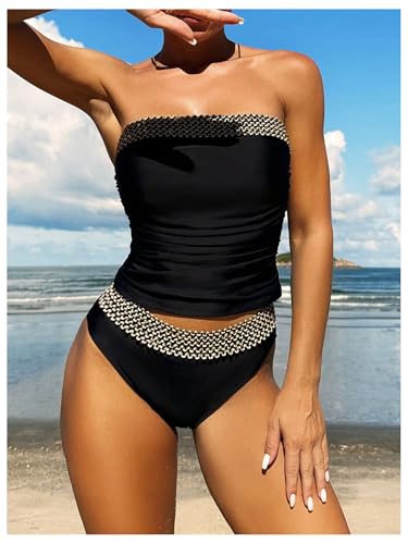 COZYEASE Women's 2 Piece Woven Splice Tankini Swimsuits Ruched Strapless Bandeau Bathing Suit Beachwear4