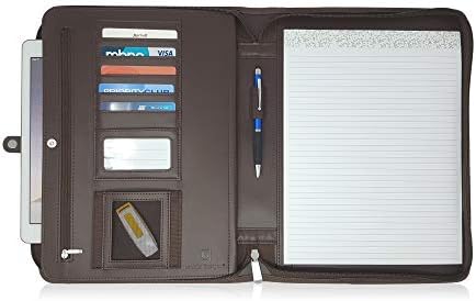 Lautus Designs Zippered Leather Business Portfolio Folder - Professional Dark Brown PU Leather Business Binder Padfolio & Organizer Folder with 10.5 Inch Tablet Sleeve